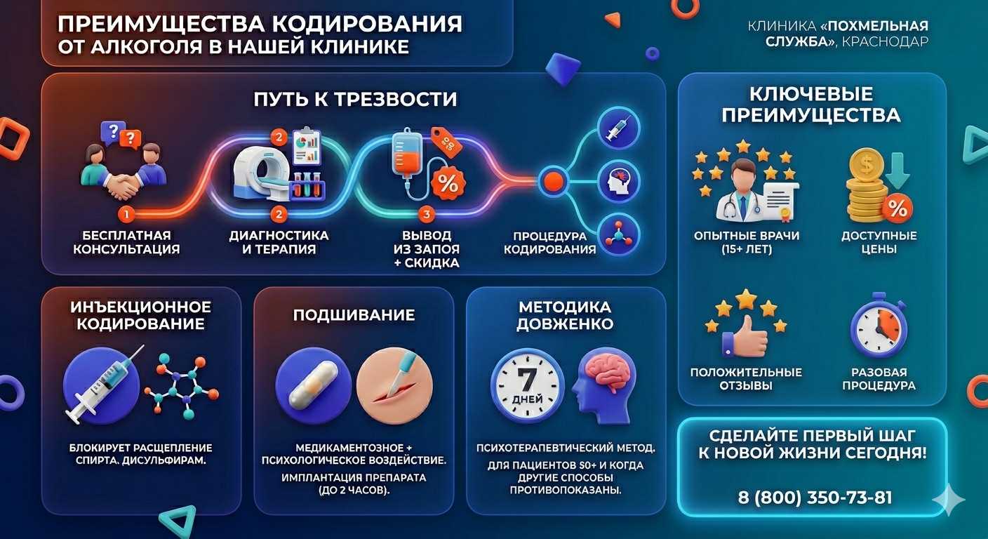 Инфографика о методах кодирования от алкоголя в Михайлове: инъекции, подшивание, метод Довженко. Преимущества клиники и этапы лечения.